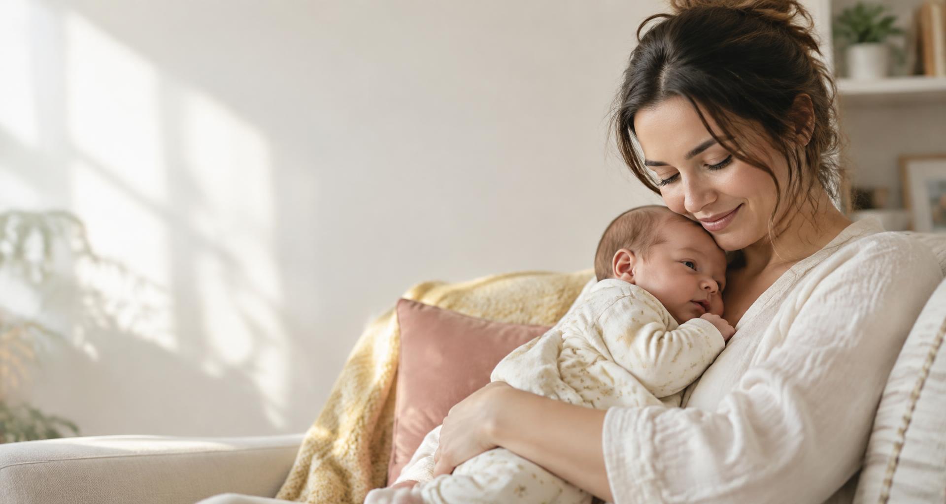 A mother holding her newborn in a sunlit home